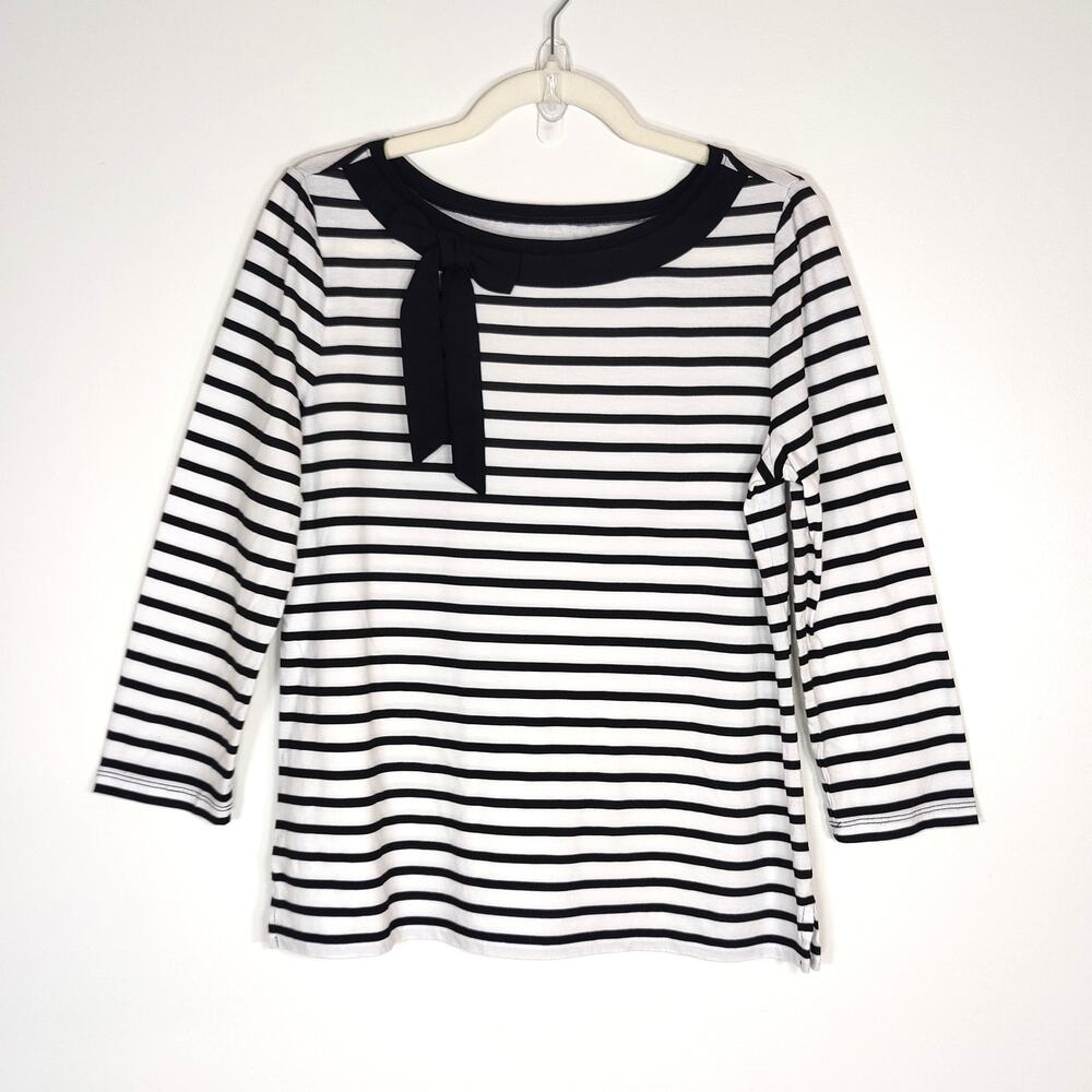 LOFT Striped Boatneck Top Bow Black White Nautical M French Girl Parisian Chic
